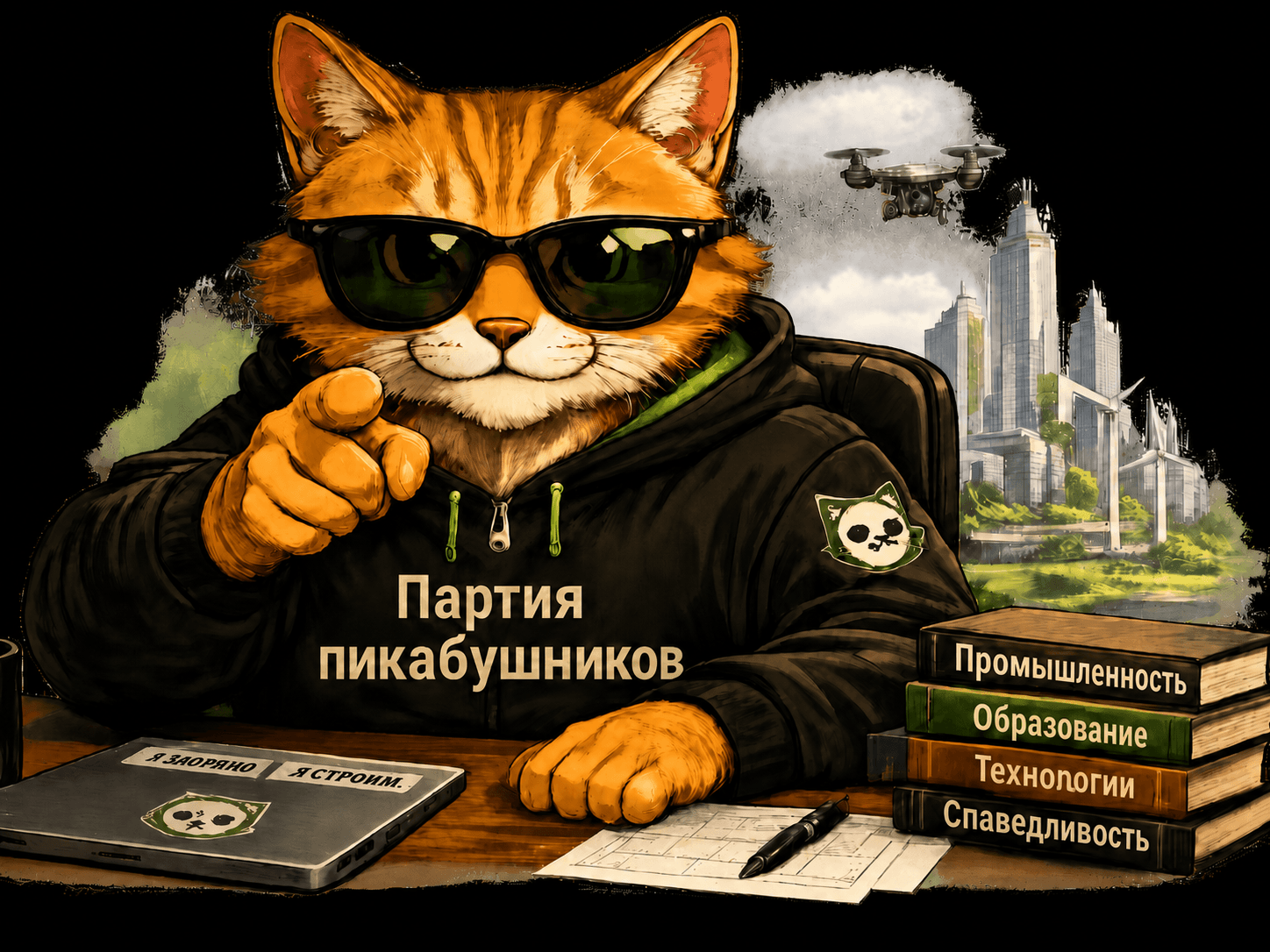 Кот в худи «Партия Пикабушников» указывает на зрителя