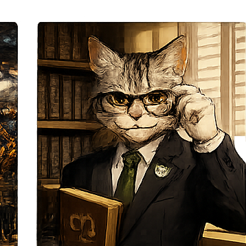Юрист — кот в костюме с книгой законов на фоне библиотеки