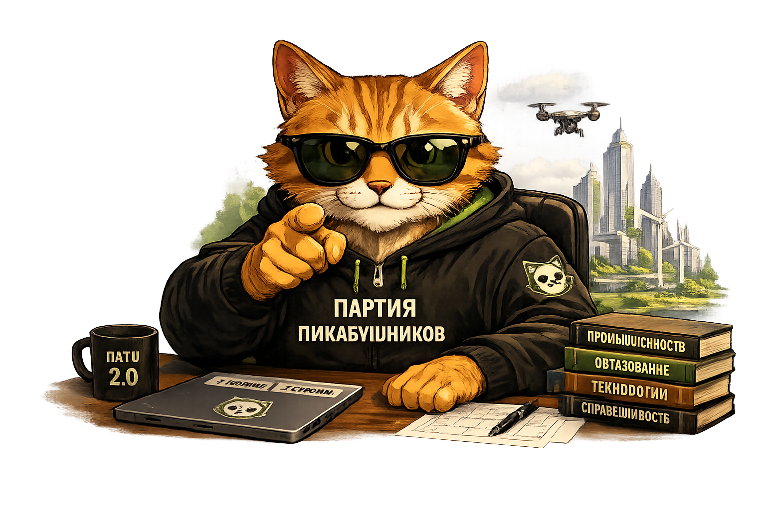 Кот-маскот Партии Пикабушников в очках и худи указывает пальцем: кружка «Патч 2.0», ноутбук, книги «Промышленность», «Образование», «Технологии», «Справедливость», дрон и город будущего